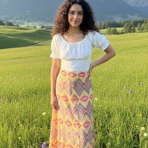 Mlle Gabrielle Bohemian Boho Diamond Pattern Multicolored Lined Skirt Sz L